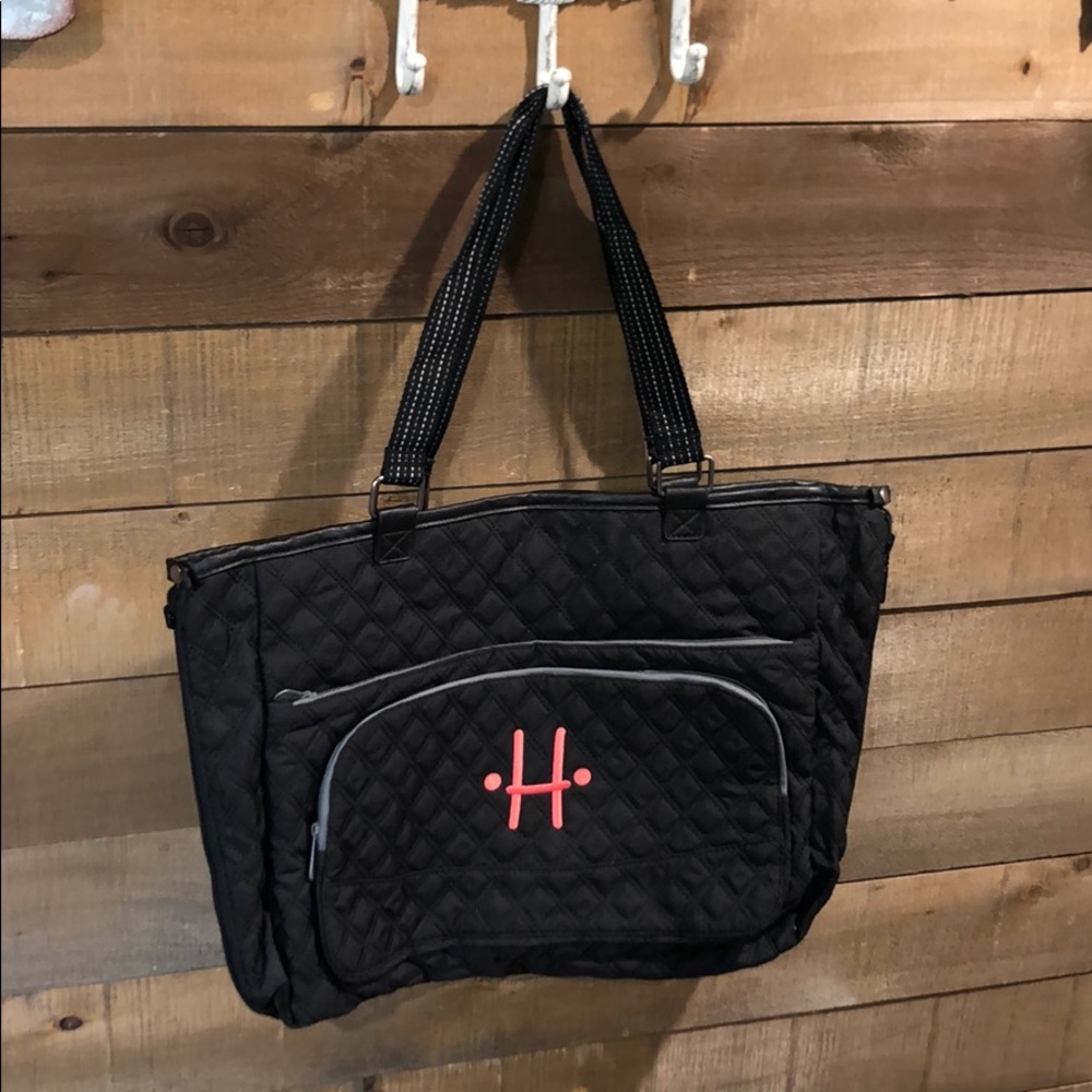 Thirty-One Black Quilted Tote with Pink Monogram